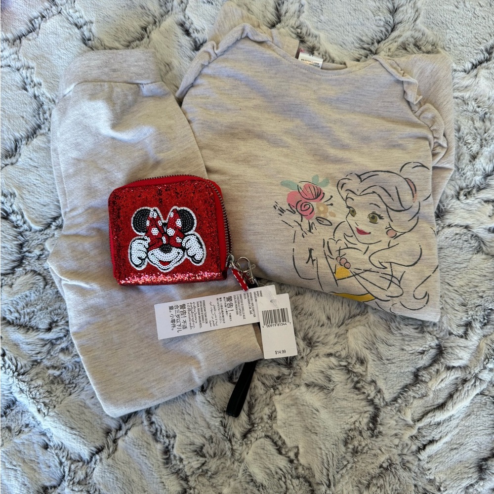 NWT Minnie Wallet and Disney 2-piece sweatsuit Beauty & the Beast tan hoodie